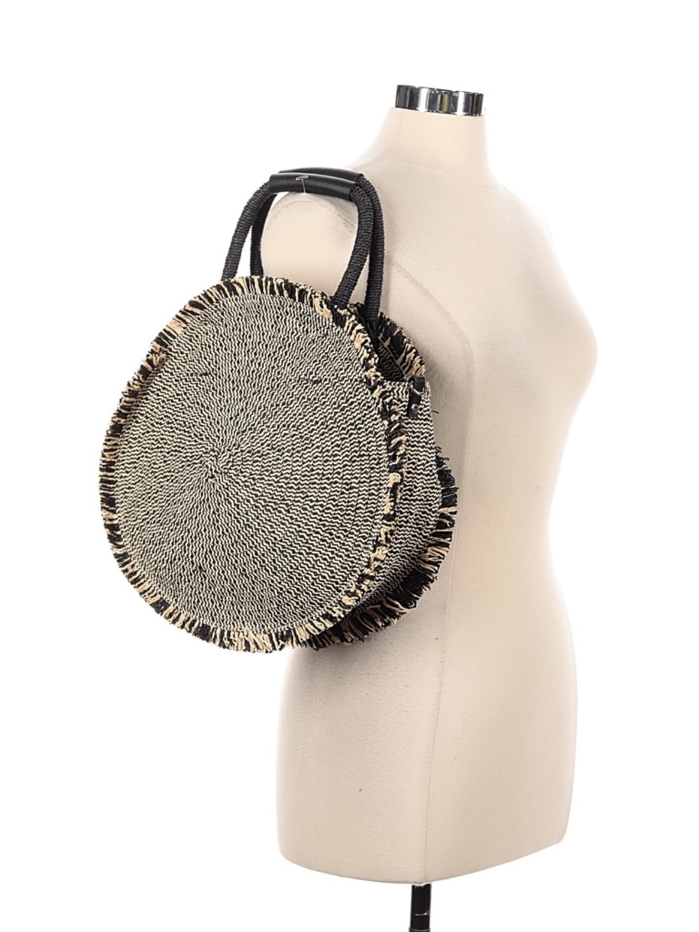 Zara Round Woven Tote Bag in Black and Cream